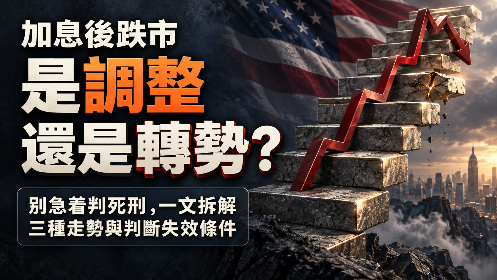 加息後跌市，是調整還是轉勢？石階與價格折線呈現回調及結構受損的疑問。