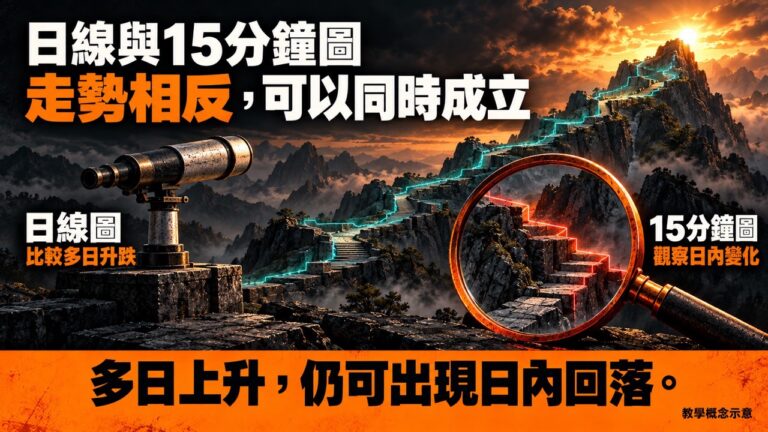 同一隻股票,日線向上、15分鐘圖向下,究竟該跟哪張圖?拆解陰陽燭圖時間週期、看圖分工與短炒入市前的常見盲點