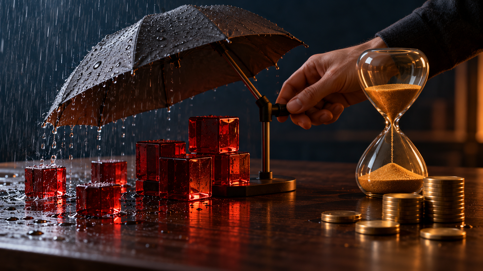 一隻手調整小傘的角度,部分紅色玻璃積木仍在雨中,旁邊放着沙漏及金色圓片。