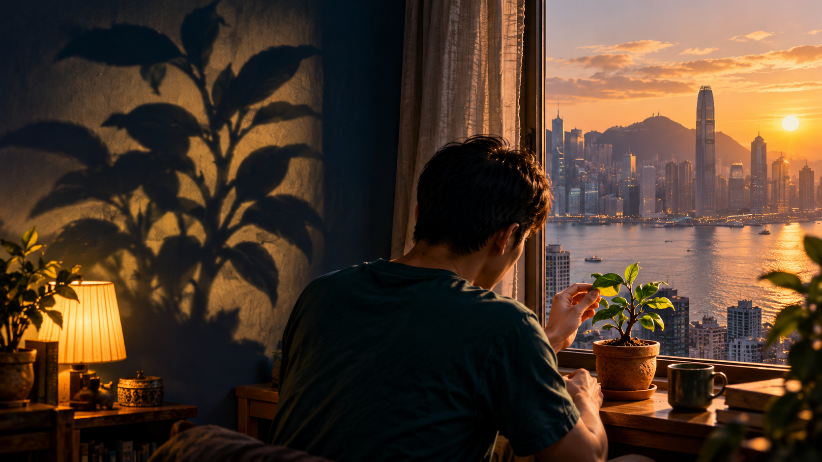 清晨的香港住宅內,一名穿便服的男子在窗邊查看小盆栽葉片,旁邊深色牆上映着放大的植物影子,窗外透入金色晨光。