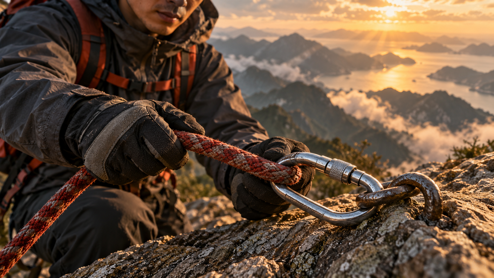 一名登山者戴着手套拉緊橙色繩索,檢查連接岩石錨環的金屬扣環,遠處是金色陽光下的山谷。