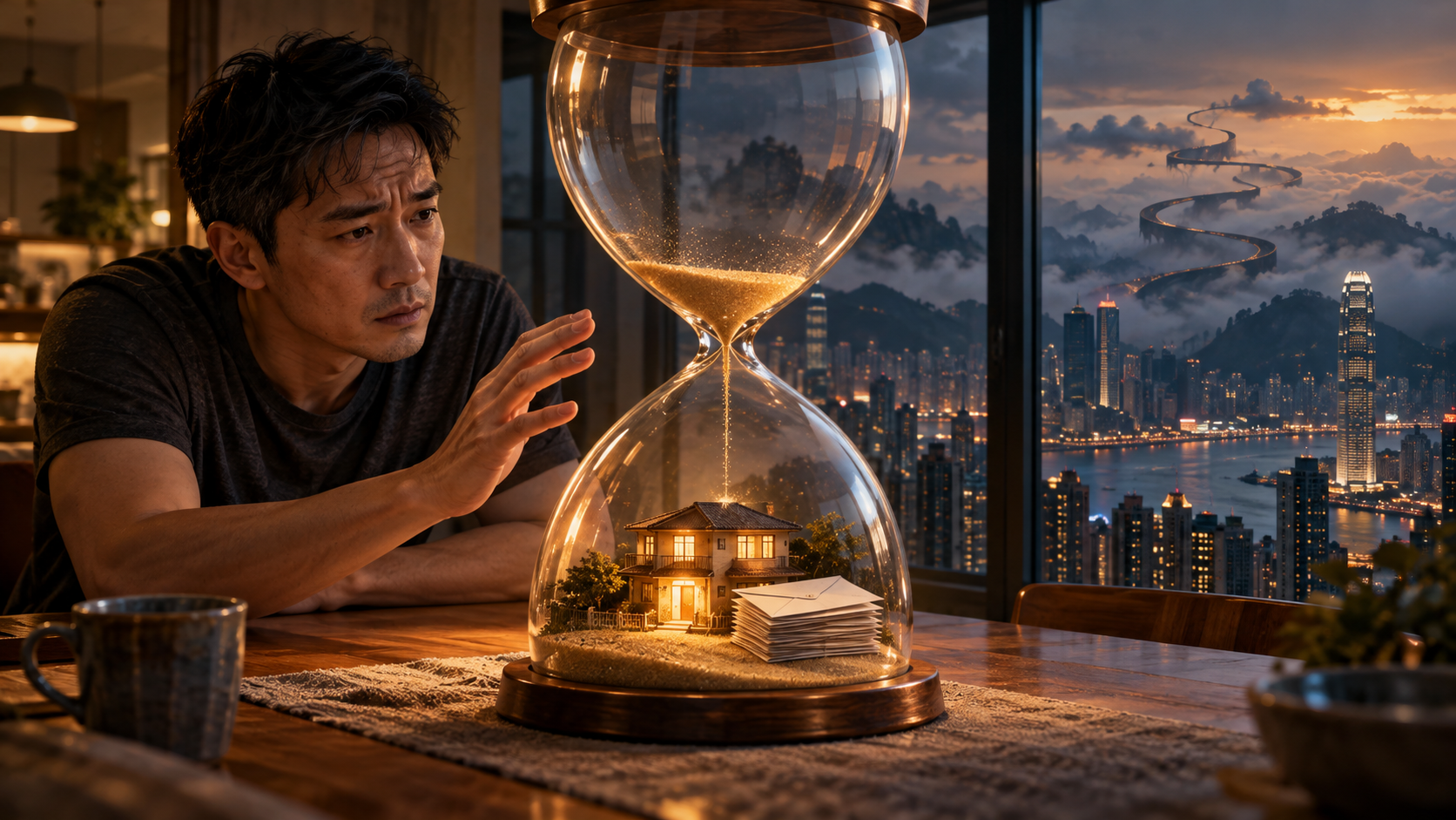 男子望着內有住宅及信封的巨大沙漏,呈現家庭付款期限帶來的壓力