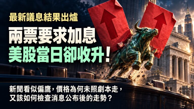 兩張紅色向上箭頭票卡前,一頭翡翠色銅牛躍起,封面寫着兩票要求加息、美股當日卻收升,呈現政策訊息與市場反應的反差。