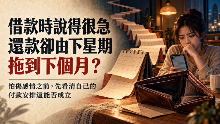 女子坐在桌前看着手機,面前放着空錢包,日曆沿桌面向遠方延伸;封面文字指出借款急切、還款卻一再拖延的矛盾。