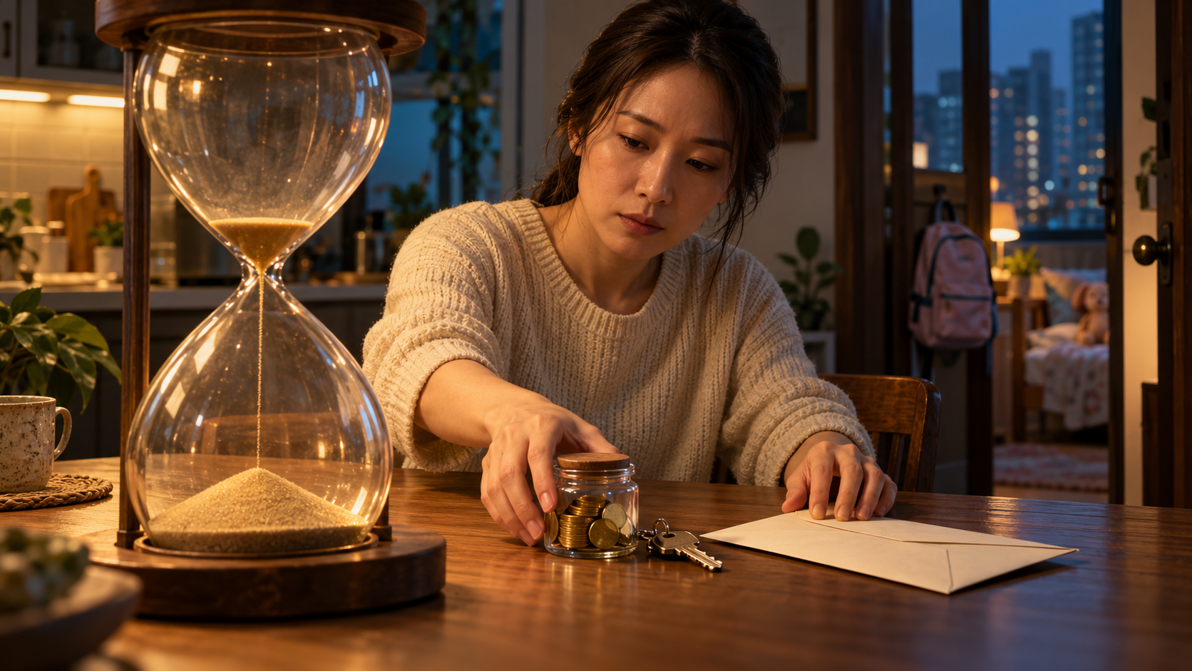 一名女子坐在家中桌前,整理裝有金屬圓片的玻璃罐,旁邊放着鑰匙、空白信封,以及上半部只剩少量沙的大沙漏。