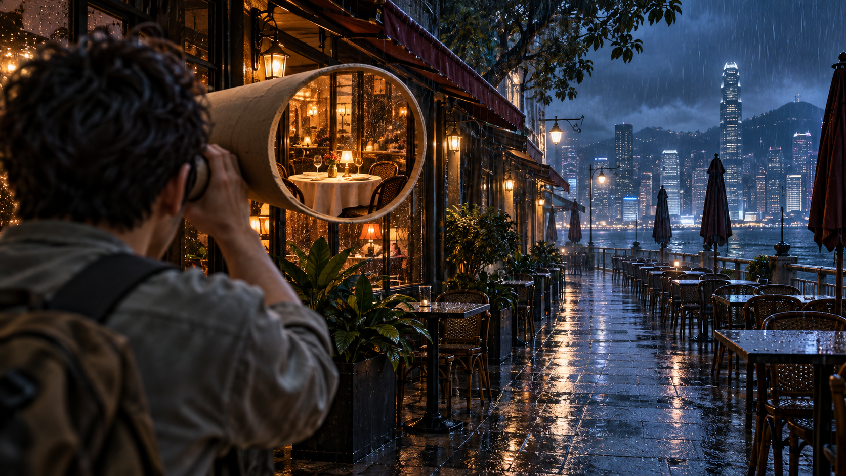 男子透過紙筒只看一家餐廳,忽略雨中整條冷清街道,象徵單一公司分析的盲點